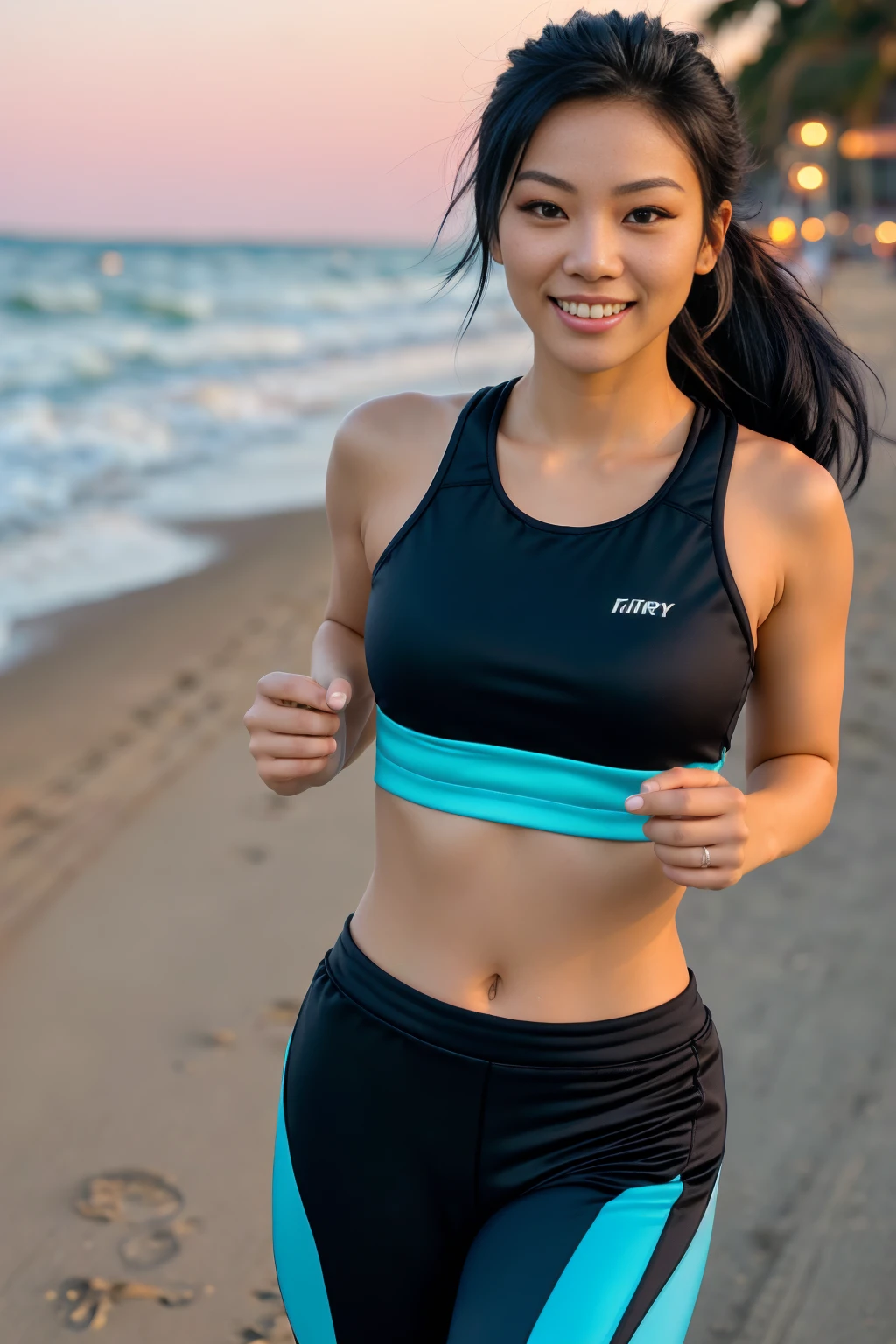 arafed woman with black hair with blue highlights jogging on the beach, flowing  black hair with deep blue high lights, with  black hair and blue high lights, photo of a beautiful woman, long flowing  black hair, pink golden hour, curly pink hair, beautiful young asian woman, beautiful asian woman, wild ginger hair, pink wispy hair, light pink hair, a young asian woman, an asian woman, infp young woman, full body photo of a 2 french girl in RAW UHD format (Black-eyed woman) run down the beach, Details (textures! , Hair! , glistering, Color!! , imperfections: 1.1), highly detailed glossy eyes (looking at the camera), DSLR Lighting, SLR camera, Ultra-Quality, sharpness, Depth of field, Film grain (Downtown), Fujifilm XT3, Crystal clear, Frame Center, beatiful face, sharp-focus, , neon lighting, bokeh (lit), day time, (open sky), detailed skin pores, oilly skin, suntan, Complex eye details, (smiling), ((long distance)), ((full body)), ((jogging clothes)), (beautiful elegant hands)(good hands)