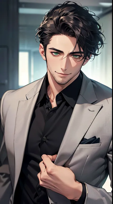 (best quality,4k,8k,highres,masterpiece:1.2),ultra-detailed,(realistic,photorealistic,photo-realistic:1.37),cinematic lighting,1:4 hdr image,a mature man, 29 years old,very handsome,cold expression smile in love, short grey black hair, green eyes,flawless face,buttoning his jacket,CEO