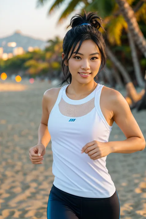 arafed woman with black hair with blue highlights jogging on the beach, flowing  black hair with deep blue high lights, with  bl...
