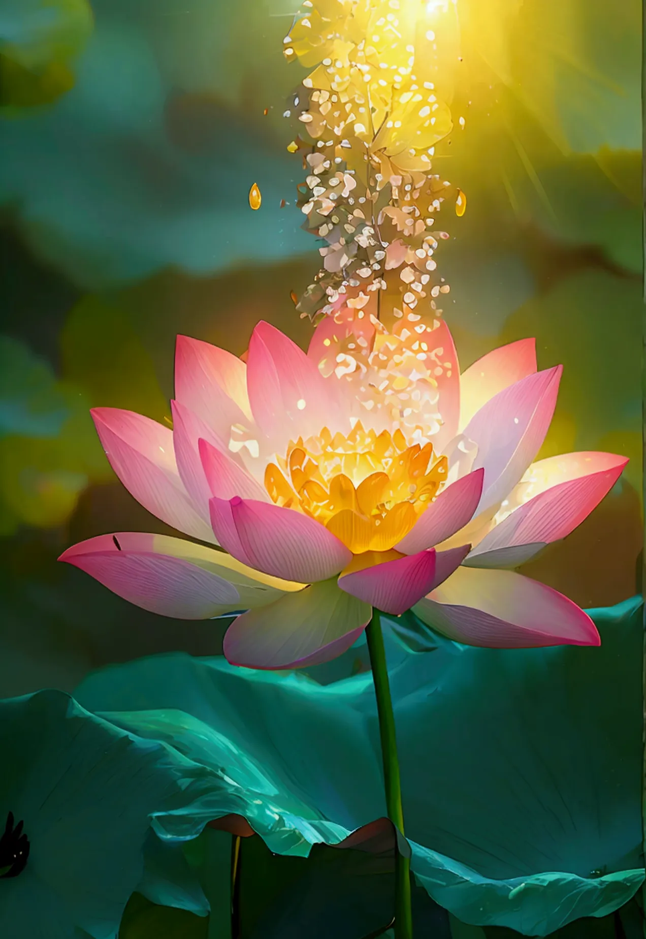 （close up:1.5）, (solitary:1.5), lotus, green stem, silt emerges from the water, golden light, aura background, (godre:1.5), the ...