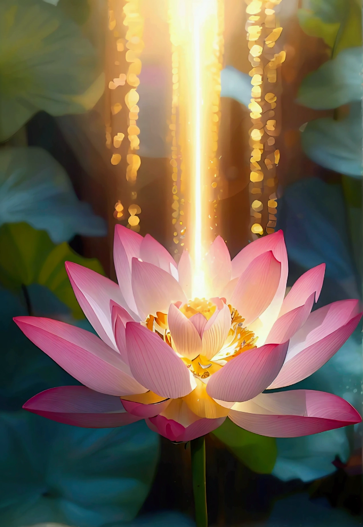 lotus, artistic conception, Light shines vertically from above，blur background