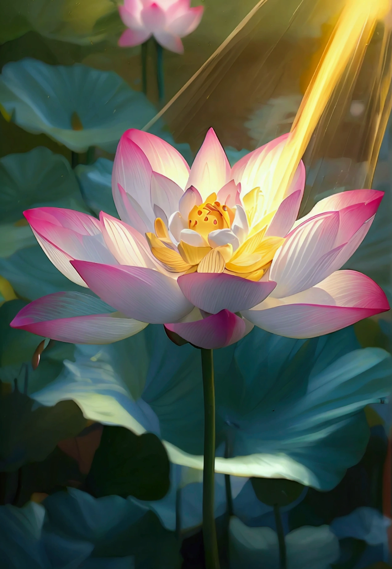 Lotus，Light shines vertically from above，blur background