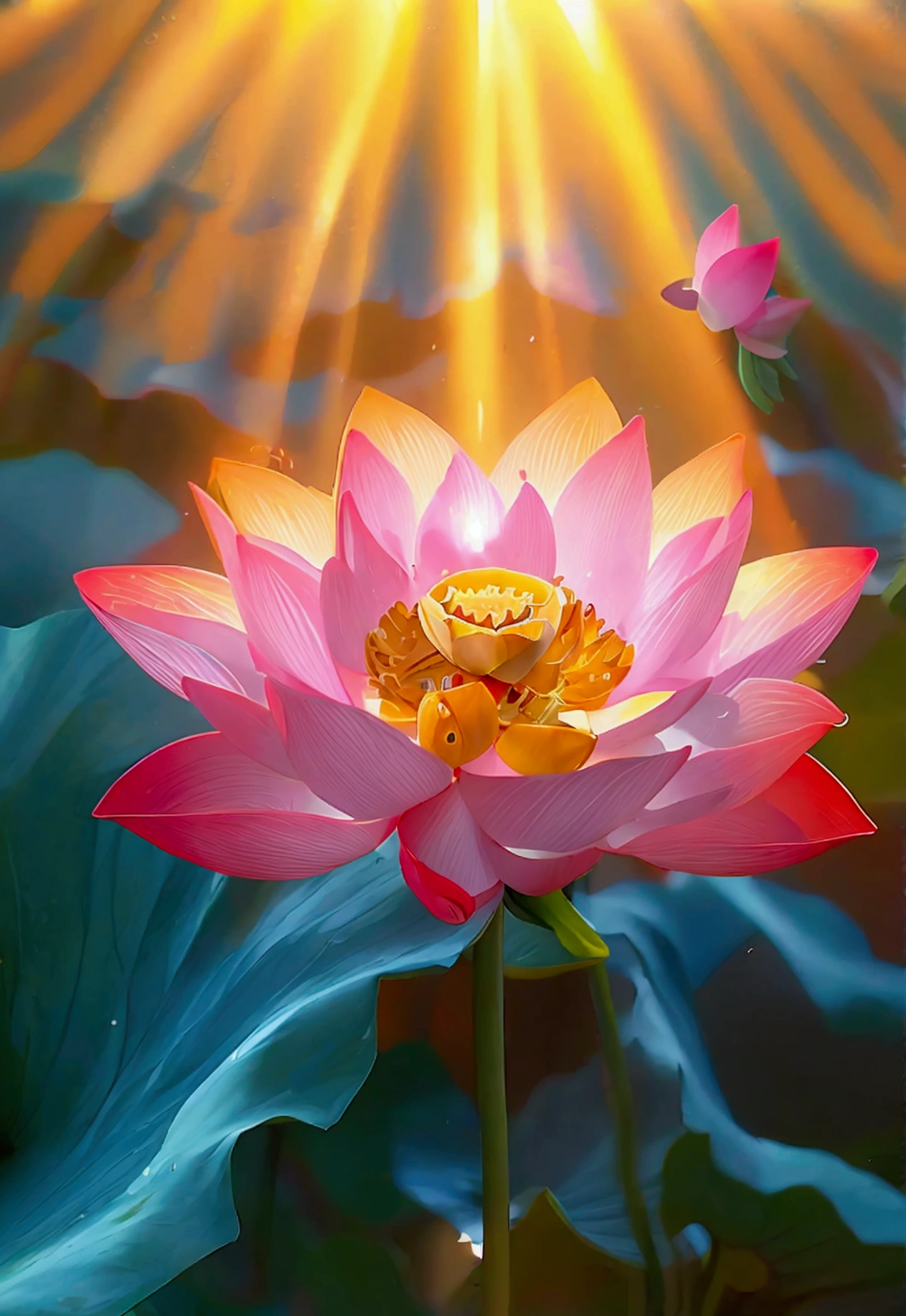 Lotus，Sunlight shines down from above，blur background