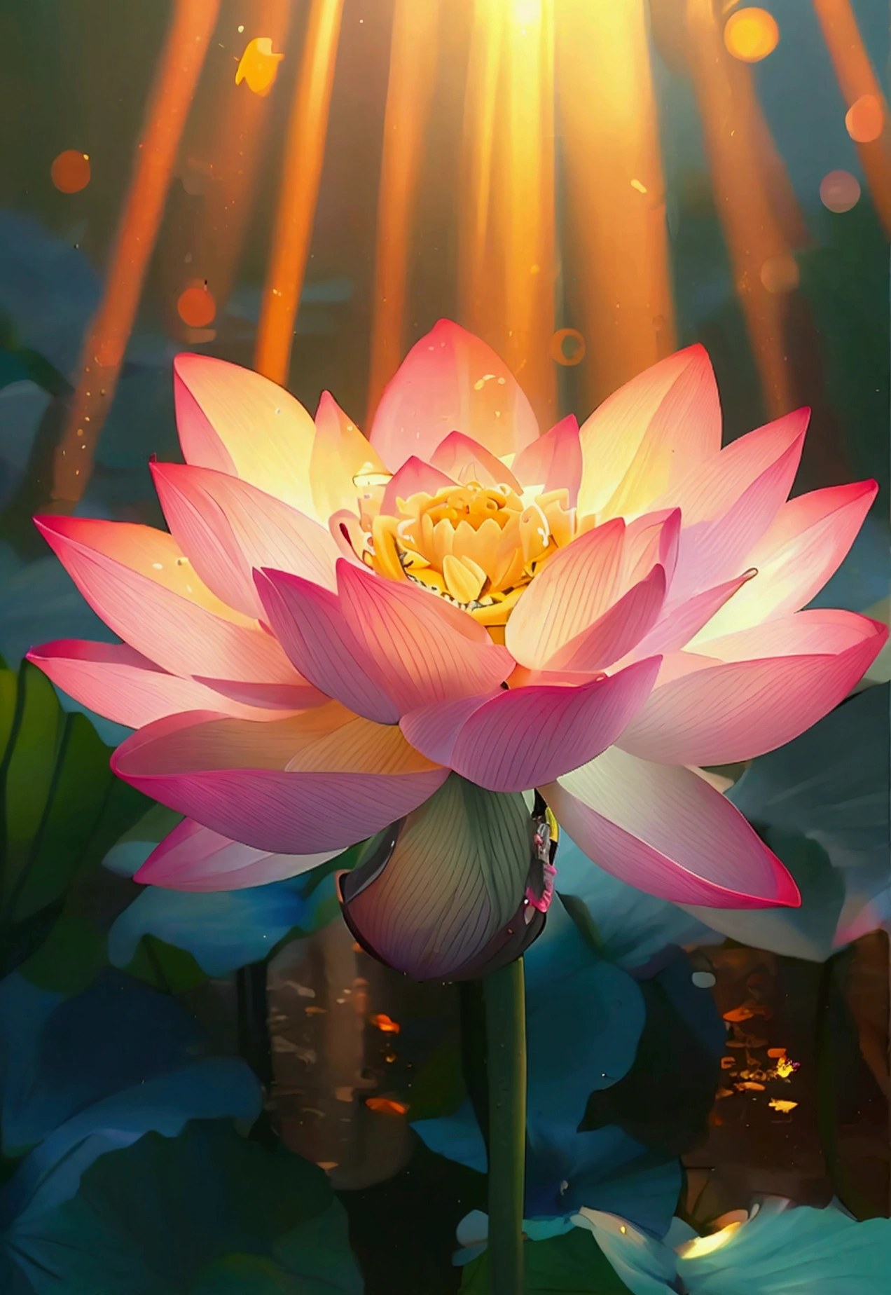 Lotus，Sunlight shines down from above，blur background