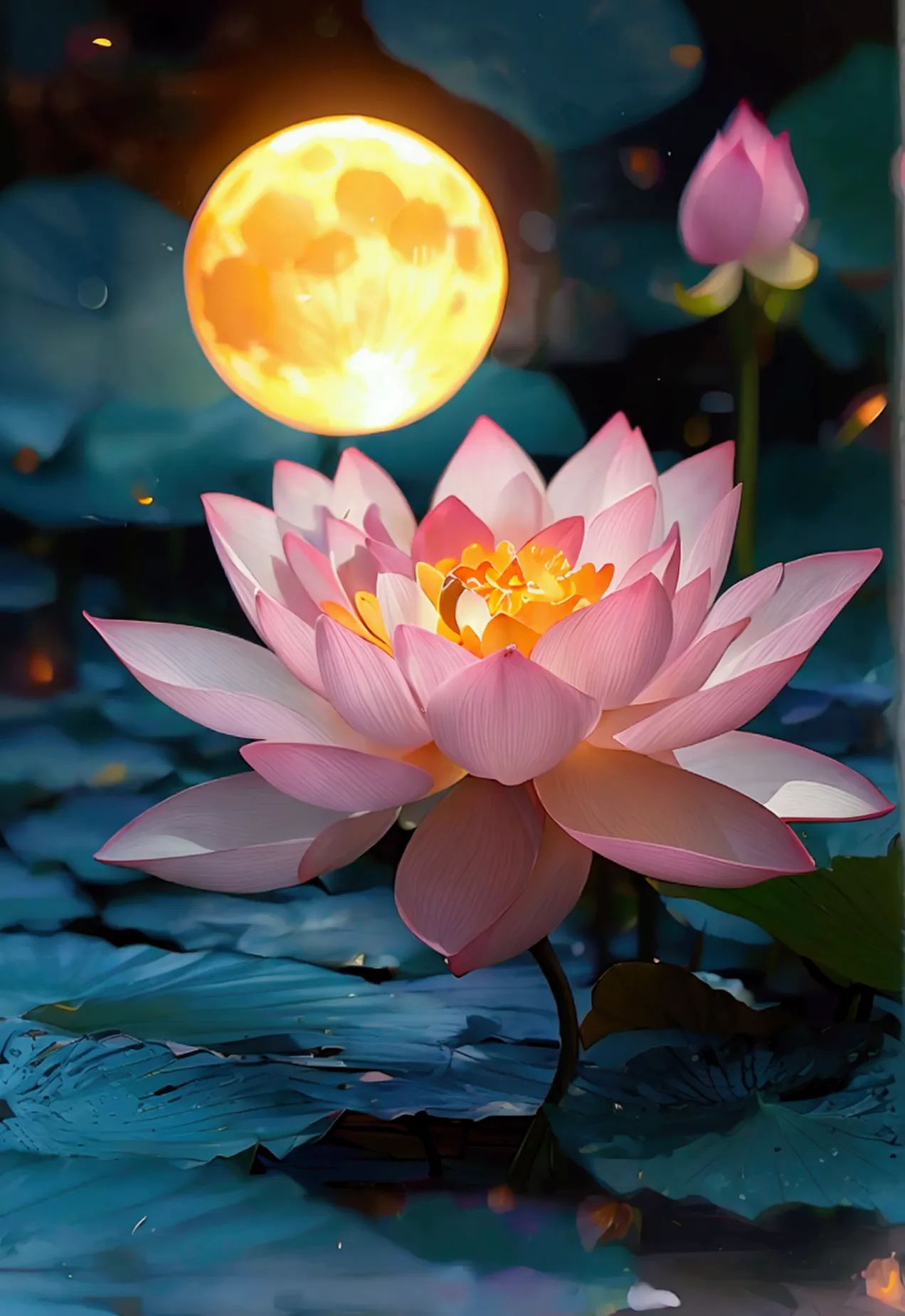 lotus，moonlight shining down from above，blur background