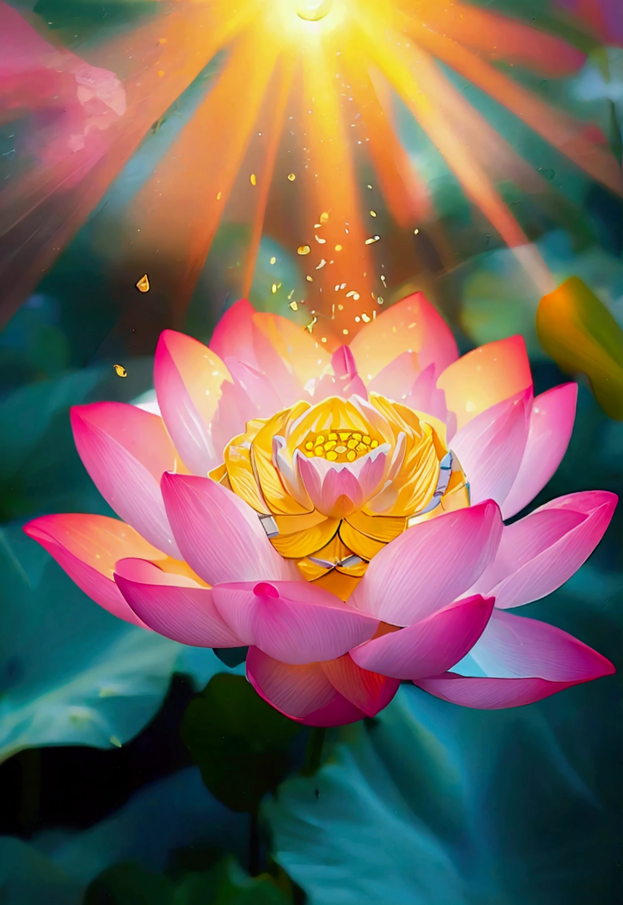 Lotus，Sunlight shines down from above，blur background