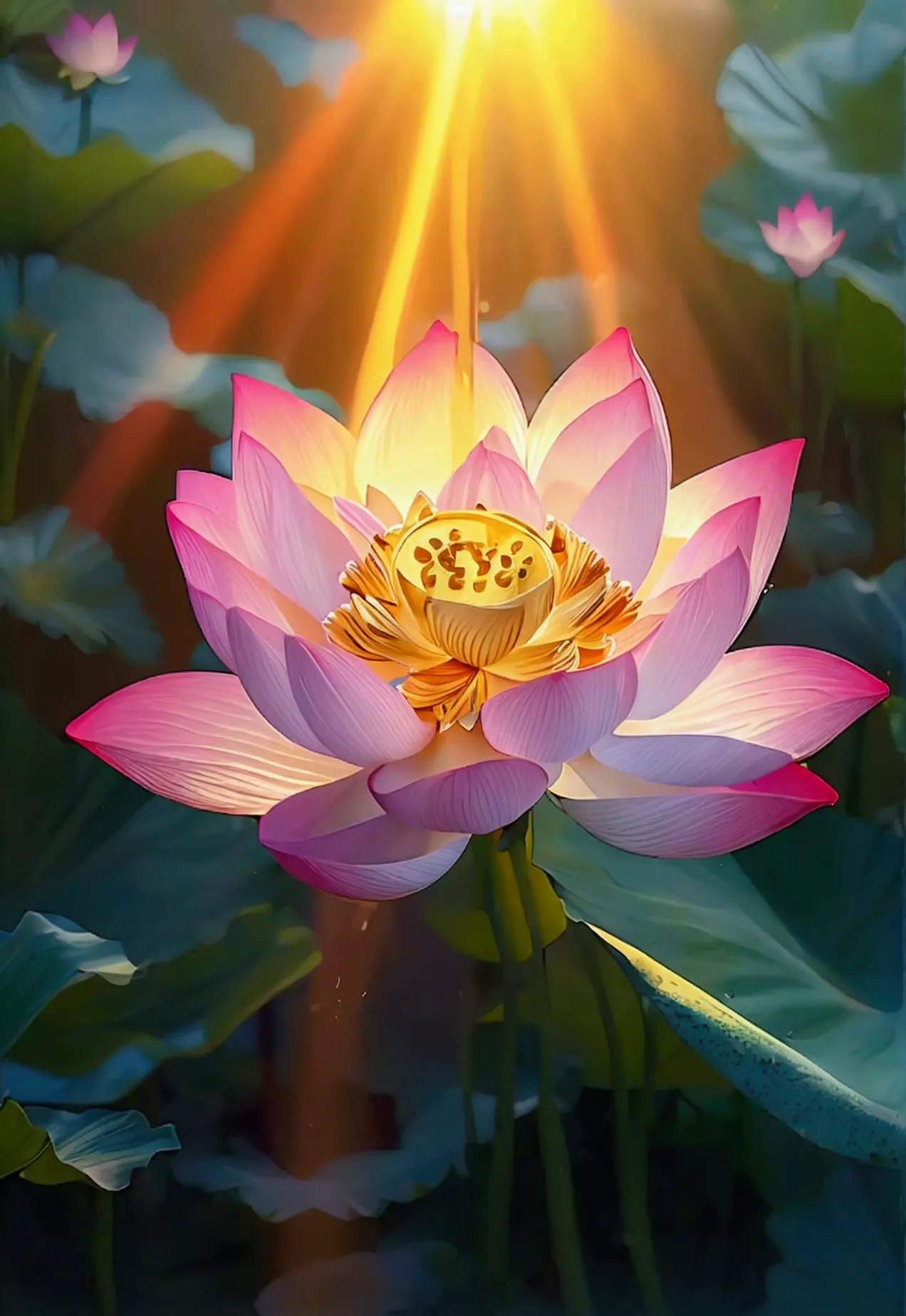 lotus，sunlight shines down from above，blur background