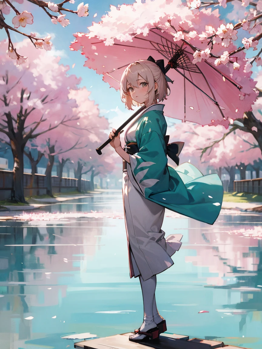 {Extremely detailed 8K wallpaper}, {masterpiece}, {Best Quality}，Alone，full body shot，okita souji，short hair, kimono，cherry tree