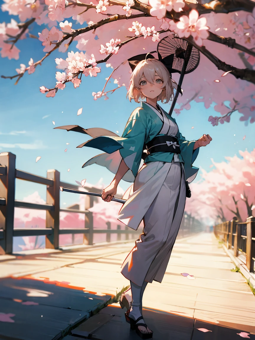 {Extremely detailed 8K wallpaper}, {masterpiece}, {Best Quality}，Alone，full body shot，okita souji，short hair, kimono，cherry tree