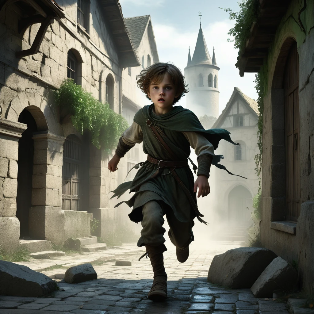 A young boy with tousled hair sprints through the empty, cobblestone streets of a medieval city. He wears a simple tunic and breeches, both dirt-stained and frayed at the edges. The sun hangs low in the sky, casting long, eerie shadows that stretch across the deserted buildings. The windows of the stone and timber houses are dark, and their shutters hang askew, giving an abandoned and foreboding feel. Cracked pavement and scattered debris tell tales of long-forgotten chaos. The boy's expression is one of determination and fear as he runs, his bare feet barely making a sound on the worn stones. Ancient, ivy-covered walls and weathered statues loom over him, adding to the haunting atmosphere of this medieval dark fantasy scene. A sense of urgency pervades the air, as if the boy is fleeing from an unseen danger lurking in the depths of the silent city."