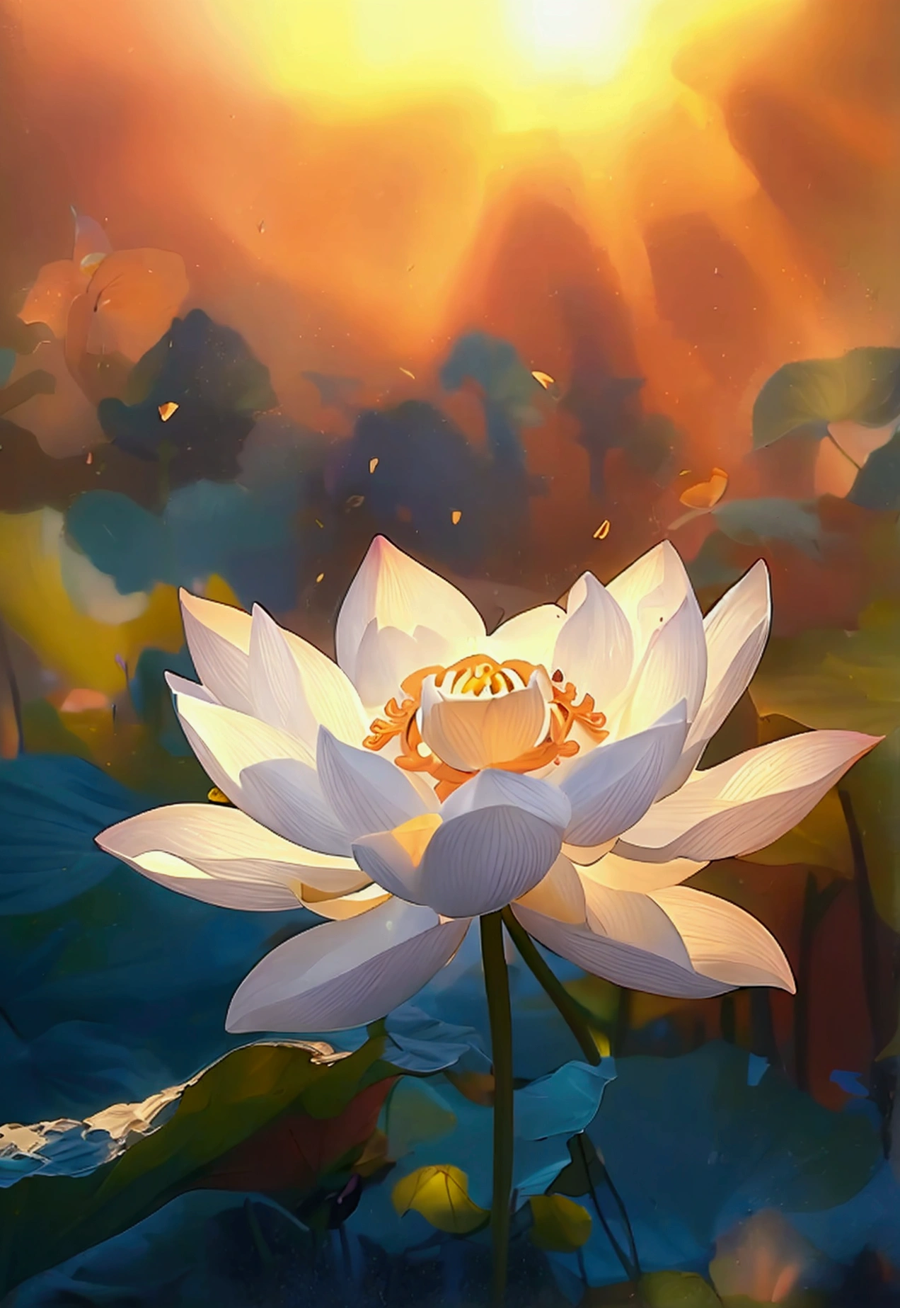 White lotus，Moonlight shining down from above，blur background