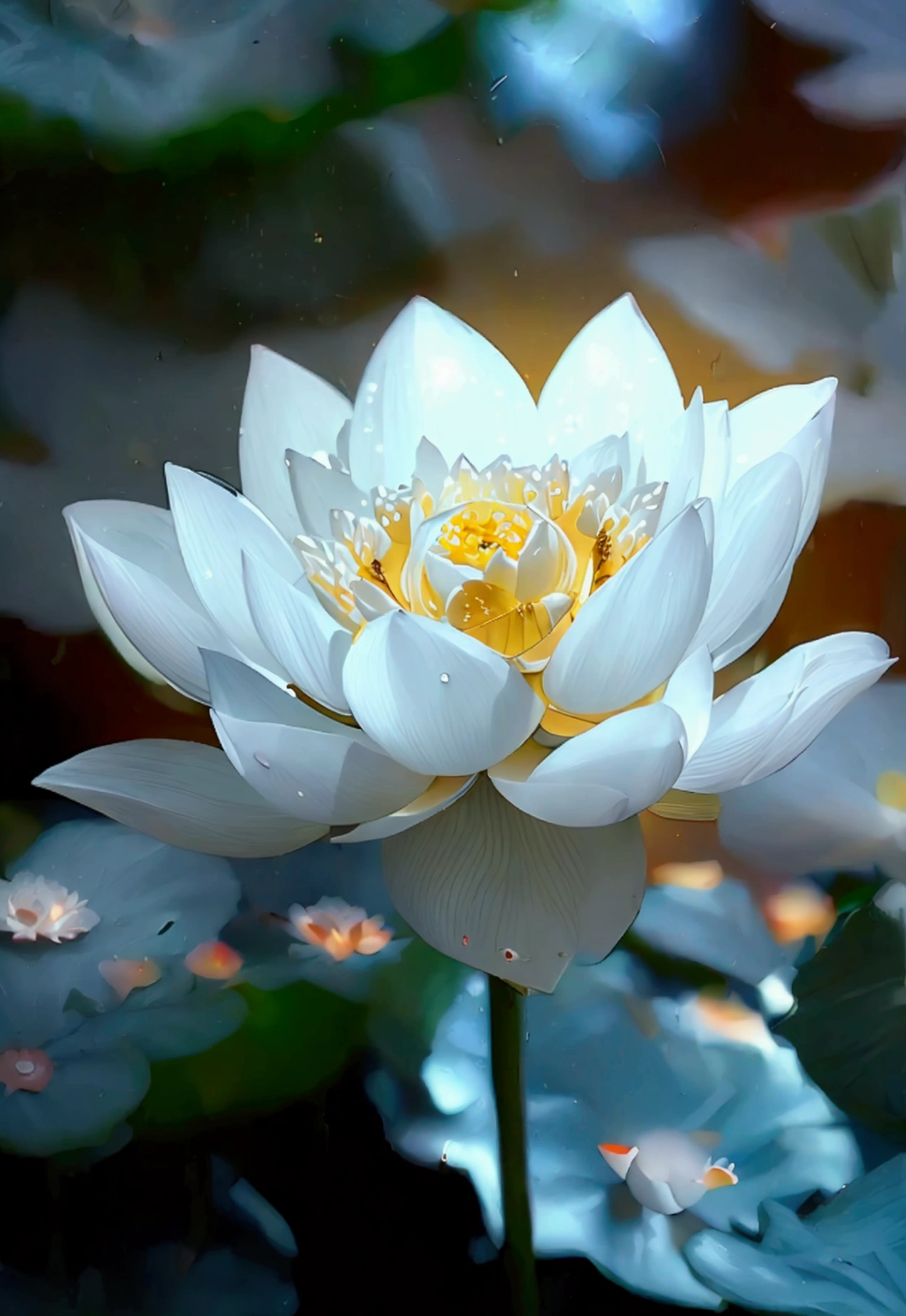 White lotus，Moonlight shining down from above，blur background