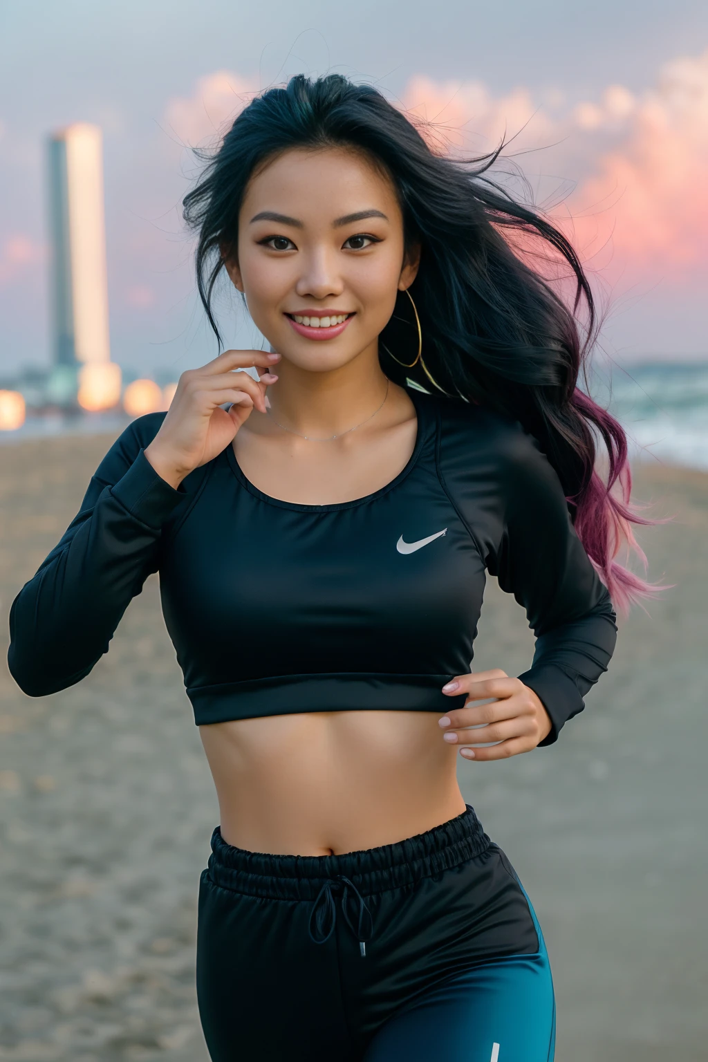 arafed woman with long black hair with blue highlights jogging on the beach, flowing  long black hair with deep blue high lights, with  black hair and blue high lights, photo of a beautiful woman, long flowing  black hair, pink golden hour, curly pink hair, beautiful young asian woman, beautiful asian woman, wild ginger hair, pink wispy hair, light pink hair, a young asian woman, an asian woman, infp young woman, full body photo of a 2 french girl in RAW UHD format (Black-eyed woman) run down the beach, Details (textures! , Hair! , glistering, Color!! , imperfections: 1.1), highly detailed glossy eyes (looking at the camera), DSLR Lighting, SLR camera, Ultra-Quality, sharpness, Depth of field, Film grain (Downtown), Fujifilm XT3, Crystal clear, Frame Center, beatiful face, sharp-focus, , neon lighting, bokeh (lit), day time, (open sky), detailed skin pores, oilly skin, suntan, Complex eye details, (smiling), ((long distance)), ((full body)), ((jogging clothes)), (beautiful elegant hands)(good soft curved hands)