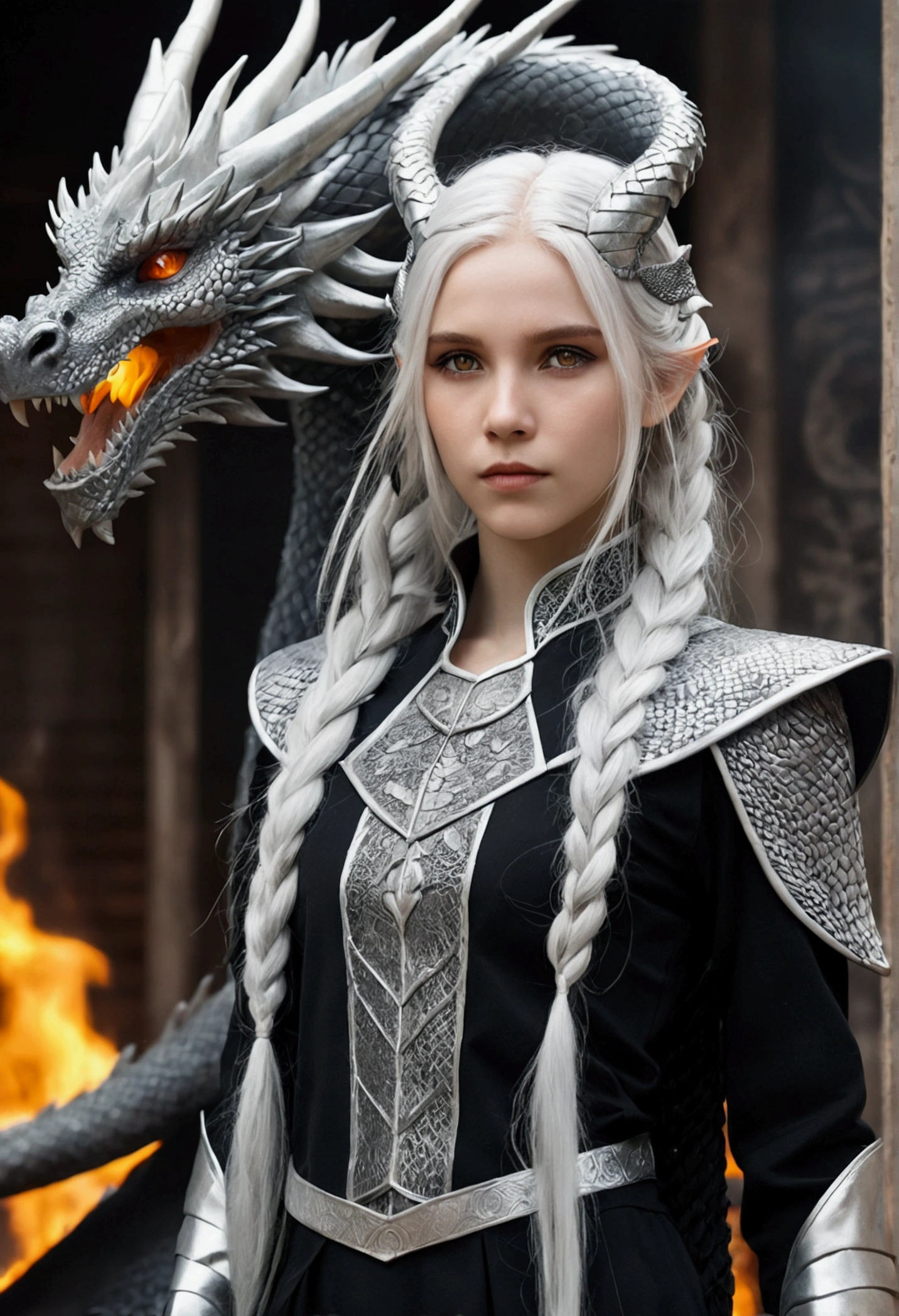 Young Dragon Girl, Tall stature, Toned physique, in full height. Long white hair braided, asymmetrical bangs. gray eyes. Black clothes with scaly patterns. Silver Horns on the head, Long Silver Dragon Tail. Silvery scales on the face. A silver fire burns around