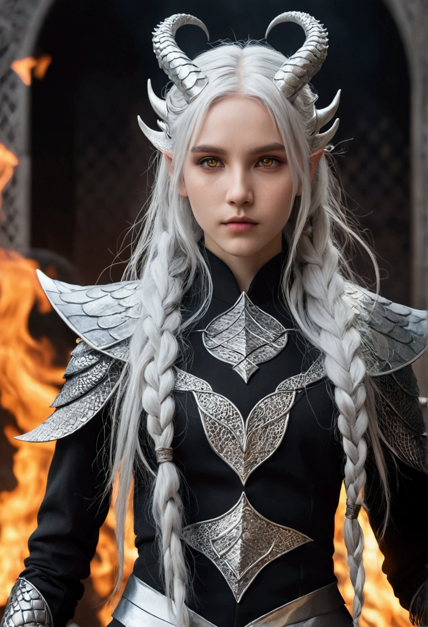 Young Dragon Girl, Tall stature, Toned physique, in full height. Long white hair braided, asymmetrical bangs. gray eyes. Black clothes with scaly patterns. Silver Horns on the head, Long Silver Dragon Tail. Silvery scales on the face. A silver fire burns around