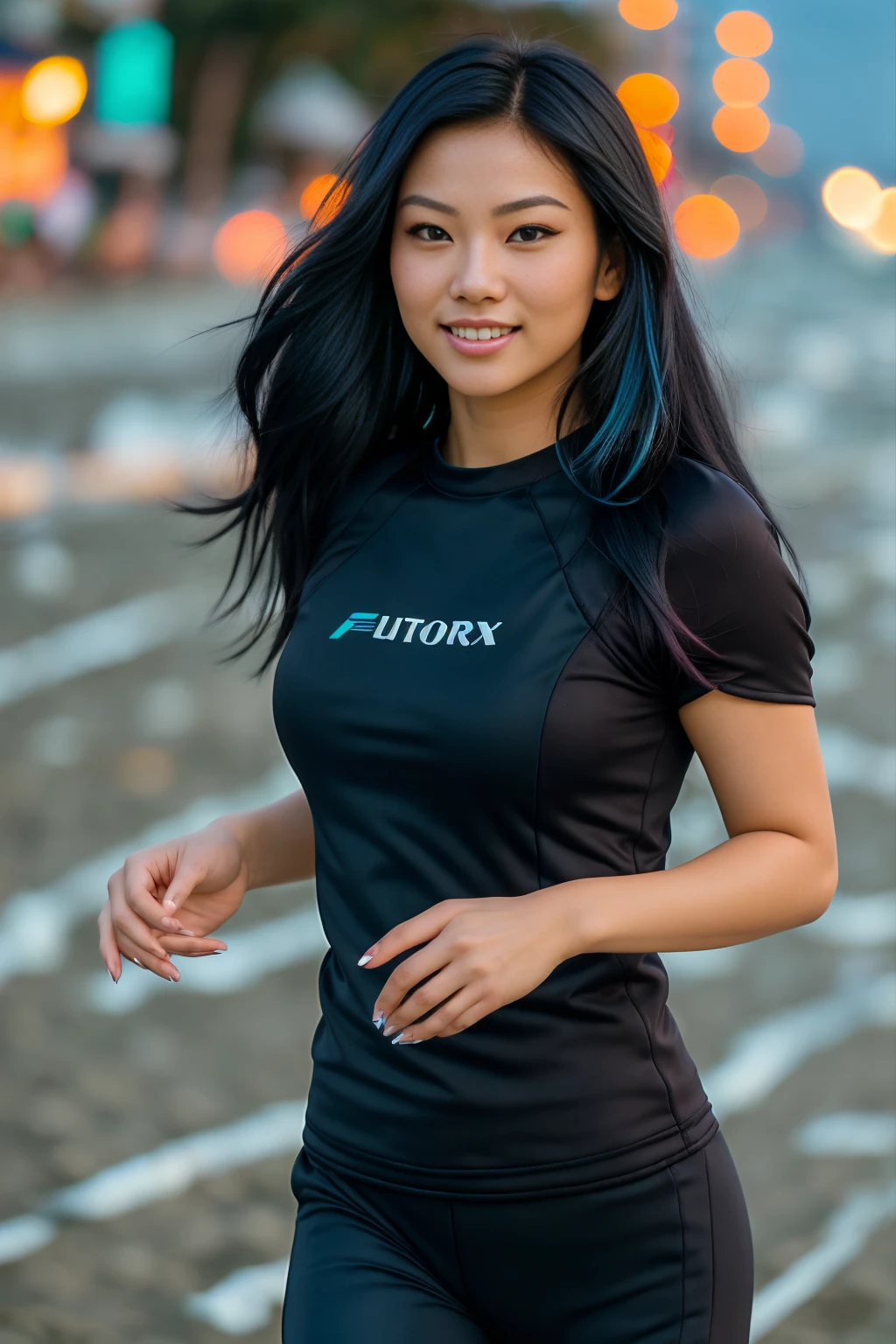 arafed woman with long black hair with blue highlights jogging on the beach, flowing  long black hair with deep blue high lights, with  black hair and blue high lights, photo of a beautiful woman, long flowing  black hair, pink golden hour, curly pink hair, beautiful young asian woman, beautiful asian woman, wild ginger hair, pink wispy hair, light pink hair, a young asian woman, an asian woman, infp young woman, full body photo of a 24-year-old french girl in RAW UHD format (Black-eyed woman) run down the beach, Details (textures! , Hair! , glistering, Color!! , imperfections: 1.1), highly detailed glossy eyes (looking at the camera), DSLR Lighting, SLR camera, Ultra-Quality, sharpness, Depth of field, Film grain (Downtown), Fujifilm XT3, Crystal clear, Frame Center, beatiful face, sharp-focus, , neon lighting, bokeh (lit), day time, (open sky), detailed skin pores, oilly skin, suntan, Complex eye details, (smiling), ((long distance)), ((full body)), ((jogging clothes)), (beautiful elegant soft curved small hands:1.3) (good hands)