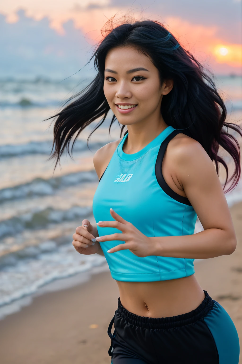 femme arafe avec des cheveux longs et noirs avec des reflets bleus faisant du jogging sur la plage, cheveux longs et noirs coulants avec des reflets bleus foncés, avec des cheveux noirs et des reflets bleus, photo d&#39;une belle femme, cheveux noirs longs et flottants, heure d&#39;or rose, cheveux roses bouclés, belle jeune femme asiatique, belle femme asiatique, cheveux roux sauvages, cheveux roses vaporeux, Cheveux rose clair, une jeune femme asiatique, une femme asiatique, jeune femme infp, tout le corps photo of a 2 french girl in RAW UHD format (Femme aux yeux noirs) courir sur la plage, détails (textures! , cheveux! , brillant, couleur!! , Imperfections: 1.1), yeux brillants très détaillés (en regardant la caméra), Éclairage reflex numérique, appareil photo reflex, Ultra-Quaalluméy, acuité, Profondeur de champ, grain de film (Centre ville), Fujifilm XT3, clair comme de l&#39;eau de roche, centre du cadre, beau visage, netteté, , éclairage au néon, bokeh (allumé), JOUR HEURE, (Ciel ouvert), pores de peau détaillés, peau grasse, bronzage, détails complexes des yeux, (souriant), ((longue distance)), ((tout le corps)), ((vêtements de jogging)), (belles mains élégantes:1.2) (Bonnes mains)