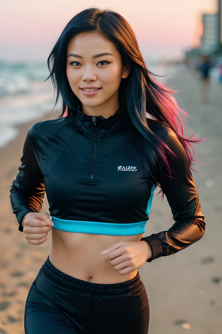 arafed woman with long black hair with blue highlights jogging on the beach, flowing  long black hair with deep blue high lights, with  black hair and blue high lights, photo of a beautiful woman, long flowing  black hair, pink golden hour, curly pink hair, beautiful young asian woman, beautiful asian woman, wild ginger hair, pink wispy hair, light pink hair, a young asian woman, an asian woman, infp young woman, full body photo of a 24-year-old french girl in RAW UHD format (Black-eyed woman) run down the beach, Details (textures! , Hair! , glistering, Color!! , imperfections: 1.1), highly detailed glossy eyes (looking at the camera), DSLR Lighting, SLR camera, Ultra-Quality, sharpness, Depth of field, Film grain (Downtown), Fujifilm XT3, Crystal clear, Frame Center, beatiful face, sharp-focus, , neon lighting, bokeh (lit), day time, (open sky), detailed skin pores, oilly skin, suntan, Complex eye details, (smiling), ((long distance)), ((full body)), ((jogging clothes)), (beautiful elegant hands:1.2) (good hands), 