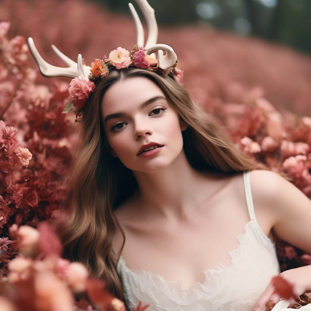 ohwx woman, (from above:1.2),  ,lying on flowers, looking down, leotard ,(flowers, leaves,  petals:1.2),  soft skin,  (flying butterflies:1.2),  flower crown, 
long messy hair, 
film grain, depth of field, analog film style,
editorial photo,  woman, wide hips,
(best quality:1.2), absurdres, BLOOM, fog, 
shot on Fujifilm Superia 400, Short Light,  32k, cinematic composition, professional color grading, film grain, atmosphere, wondrous, very sunny,
motion blur
,( blush:1.2),  blurry foreground, Large set of deer antlers coming out of head, deer antlers, 