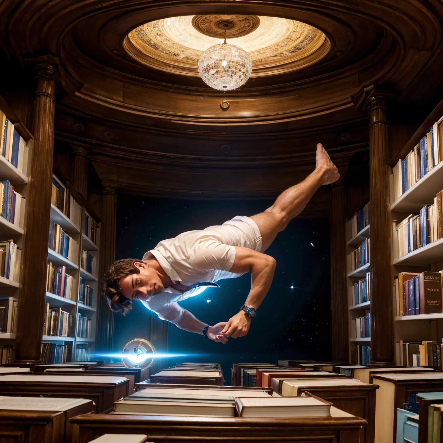 ((High Resolution)) ((white male)) ((35yrs. old)) ((dark brown hair)) ((Librarian)) falling into a portal surrounded by repeating duplicates of book shelves and isles in a library endless in number as he is falling towards the  time portal. Wearing a watch with a glowing face. ((Angle from behind looking down towards portal.))