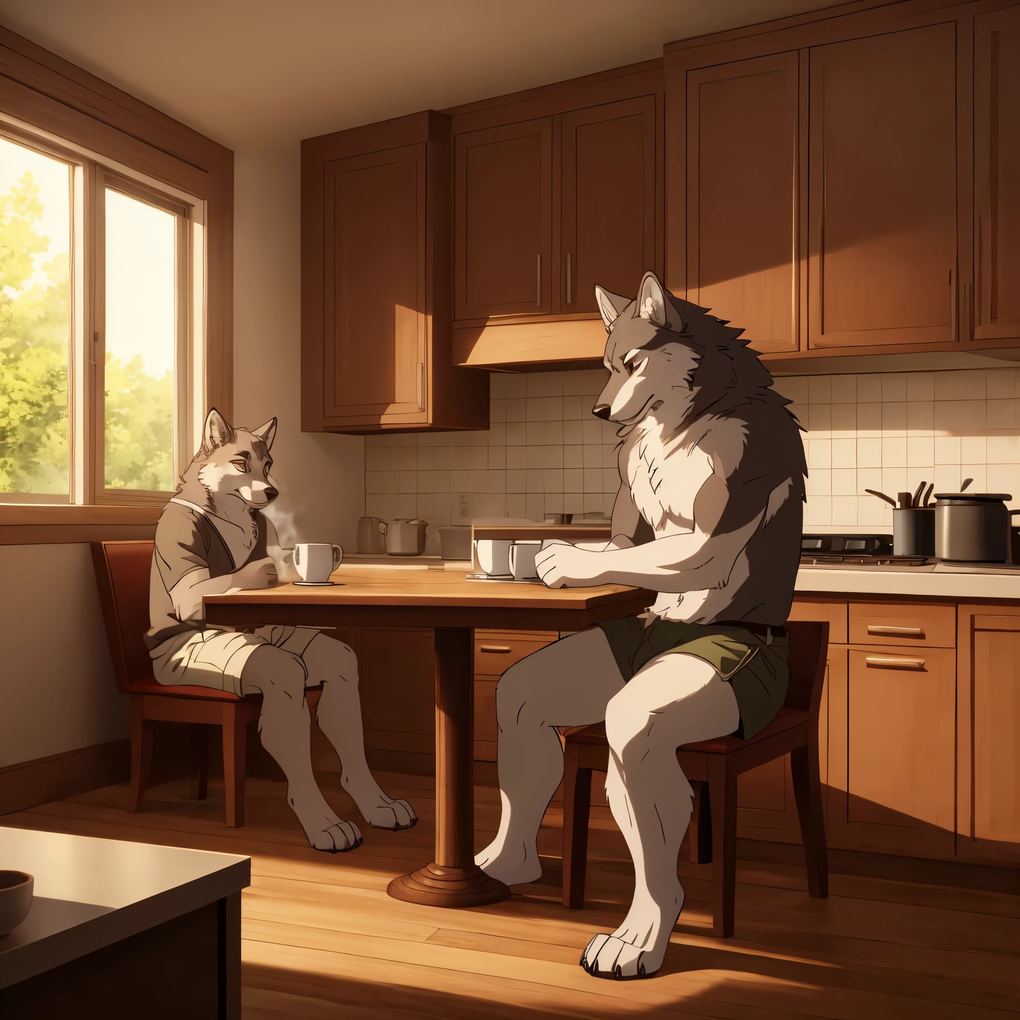 correctly eyes, clotheless, wearing shorts, greywolf with white chest fur, detailed fur, full body, sitting pose, sit on table, shows his paws, 1guy, male, fluffy fur, best quality, masterpiece, detailed, highres, top quality, best quality, kitchen in the background, 1tail, drinking coffee, tired face, tired look, looks out of the window, cup of coffee in hand
