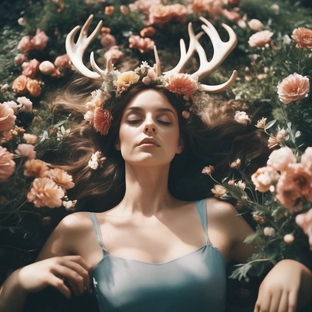 ohwx woman, (from above:1.2),  ,lying on flowers, looking down, leotard ,(flowers, leaves,  petals:1.2),  soft skin,  (flying butterflies:1.2),  flower crown, 
long messy hair, 
film grain, depth of field, analog film style,
editorial photo,  woman, wide hips,
(best quality:1.2), absurdres, BLOOM, fog, 
shot on Fujifilm Superia 400, Short Light,  32k, cinematic composition, professional color grading, film grain, atmosphere, wondrous, very sunny,
motion blur
,( blush:1.2),  blurry foreground, Large set of deer antlers coming out of head, deer antlers, 