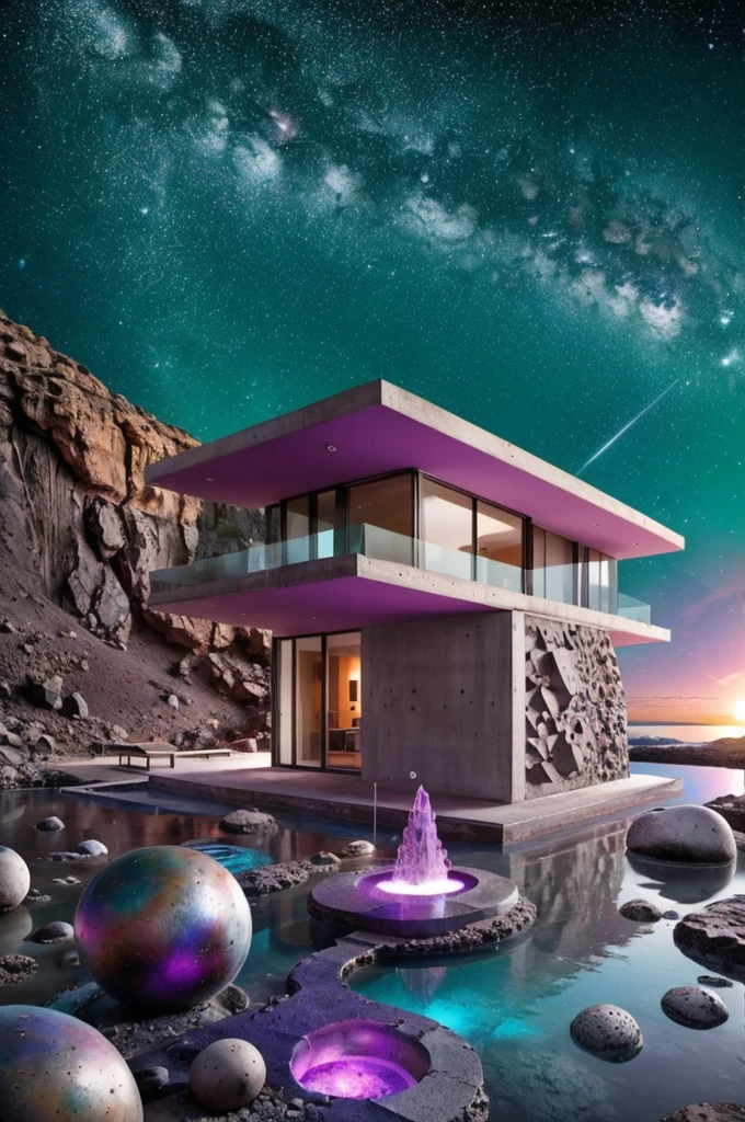 Abstract & Organic Shapes, Texturas, concrete, vidrio, piedras, Grandes rocas, piscina reflectante, (((A small bridge))), en el espacio, luna, jupiter, Organic sculptures in concrete with violet color, espacio exterior, milky way, Meteoritos, vulcano, Small river and lake, Modern, minimalist cottage on the edge, An illustration in collage style, con rocas gigantes, Brutalist construction sections, escalera, cacti, Agave, concrete texture, Multiple geometric shapes, Hatching & Cross Striping, Planeta Saturno, vulcano, luna, Architectural-style construction by Luis Barragán