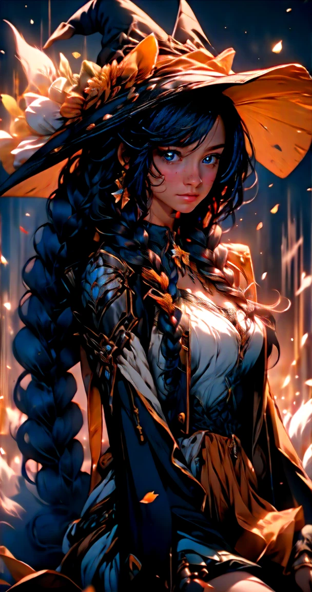 (masterpiece,intricate details),1girl,mature female,light _face, BREAK roxymigurdia, roxy, ahoge, black ribbon, blue eyes, blue hair, braid, hair between eyes, hair ribbon, long hair, twin braids, very long hair, hat, witch hat, BREAK black legwear, black skirt, capelet, jacket, brown jacket, long sleeves, miniskirt, open clothes, open jacket, pleated skirt, skirt, white capelet, white footwear, white jacket| ((sit on the vibrant yellow and orange hues of California's Antelope Valley Poppy Reserve, blanketed with a sea of golden poppy flowers)),((cumulonimbus)),((upper body,portrait)),from above:1.3,depth of field,looking at viewer,