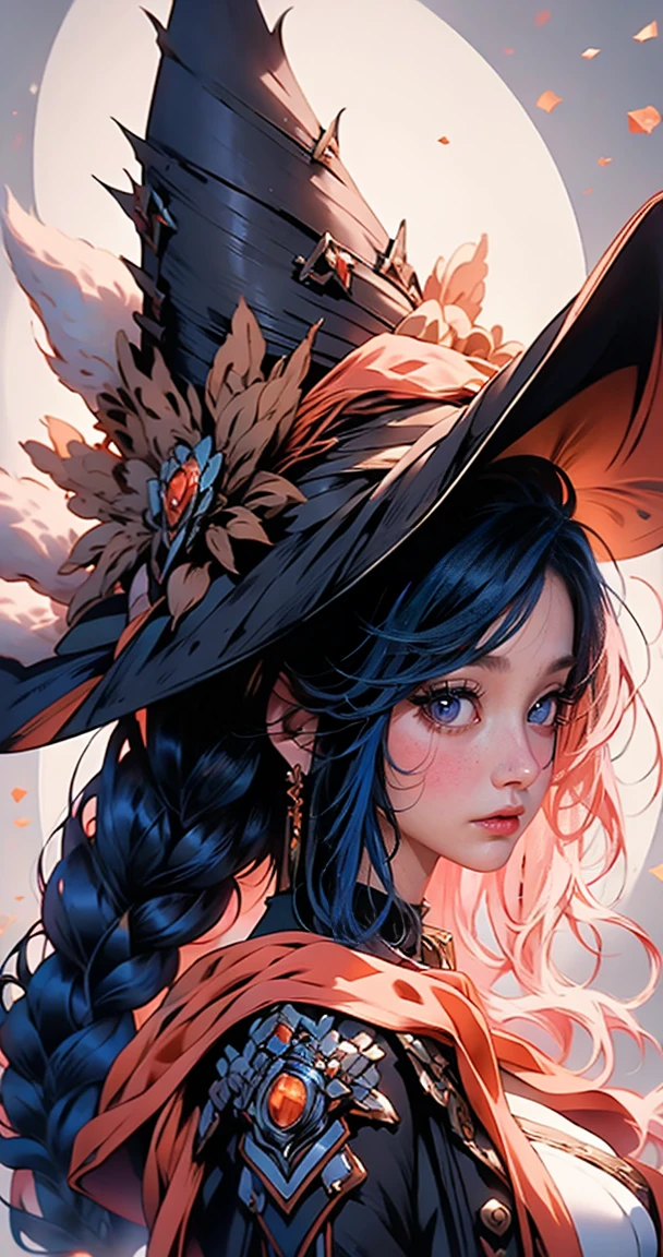 (masterpiece,intricate details),1girl,mature female,light _face, BREAK roxymigurdia, roxy, ahoge, black ribbon, blue eyes, blue hair, braid, hair between eyes, hair ribbon, long hair, twin braids, very long hair, hat, witch hat, BREAK black legwear, black skirt, capelet, jacket, brown jacket, long sleeves, miniskirt, open clothes, open jacket, pleated skirt, skirt, white capelet, white footwear, white jacket| ((sit on the vibrant yellow and orange hues of California's Antelope Valley Poppy Reserve, blanketed with a sea of golden poppy flowers)),((cumulonimbus)),((upper body,portrait)),from above:1.3,depth of field,looking at viewer,