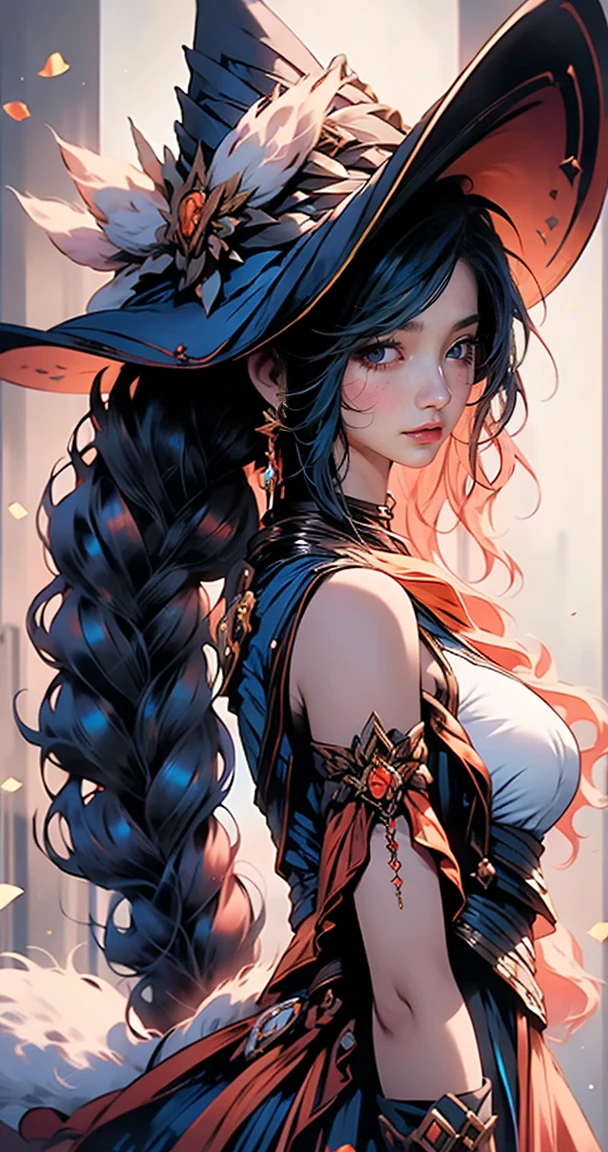 (masterpiece,intricate details),1girl,mature female,light _face, BREAK roxymigurdia, roxy, ahoge, black ribbon, blue eyes, blue hair, braid, hair between eyes, hair ribbon, long hair, twin braids, very long hair, hat, witch hat, BREAK black legwear, black skirt, capelet, jacket, brown jacket, long sleeves, miniskirt, open clothes, open jacket, pleated skirt, skirt, white capelet, white footwear, white jacket| ((sit on the vibrant yellow and orange hues of California's Antelope Valley Poppy Reserve, blanketed with a sea of golden poppy flowers)),((cumulonimbus)),((upper body,portrait)),from above:1.3,depth of field,looking at viewer,