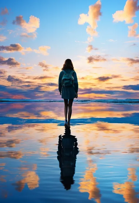 overall image: horizon in the center of the screen. the girl is walking from left to right. her image is reflected symmetrically...