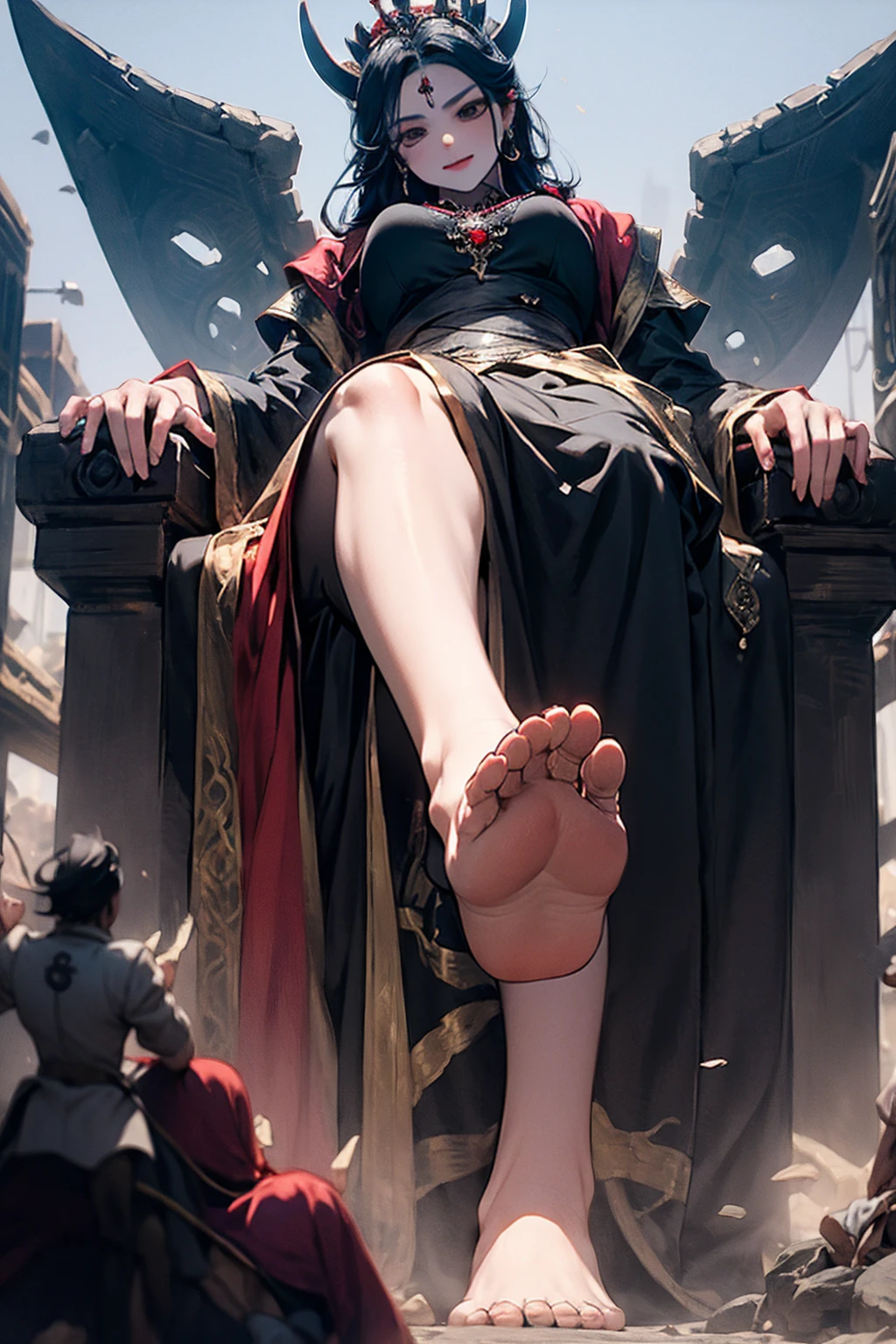 Spectacular views、giantess、Beauty、Queen、Huge body、Giant Feet、I can see your feet、Giantess、hellのQueen、smile、Villainess、Bad guy、Sit in the King's Chair、Large Breasts、Black long dress、Long black hair、Red eyes、smile、Rocky cave、lava、hell、Bottom of the Abyss、Low - Angle、Crowd looking up at woman from ground、Distant view of the earth、Distant view of the Earth、Last Boss、Boss Battles、A woman is trying to crush a soldier、Detailed clothing、Accurate clothing