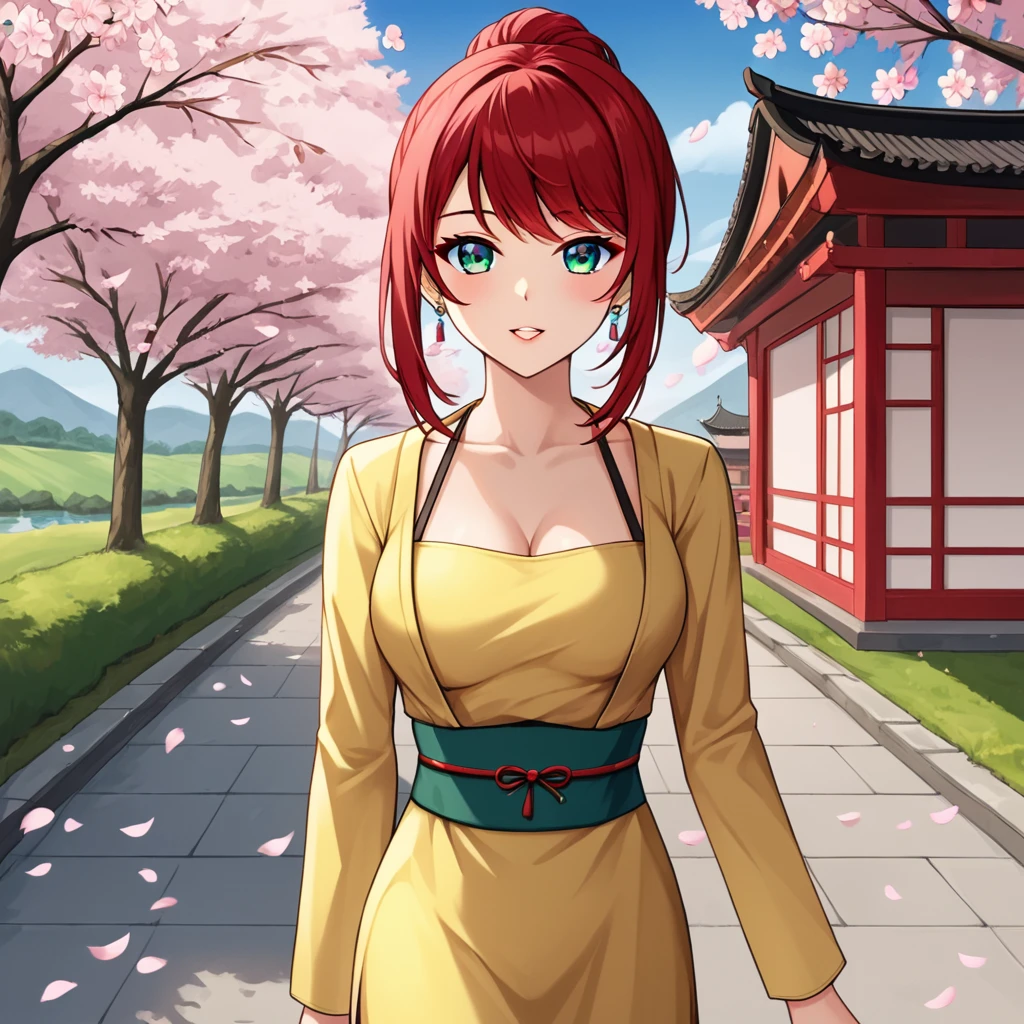 A brunette girl with red hair and green tones wearing a yellow dress with blue decorations walking while cherry blossoms fly in the background 