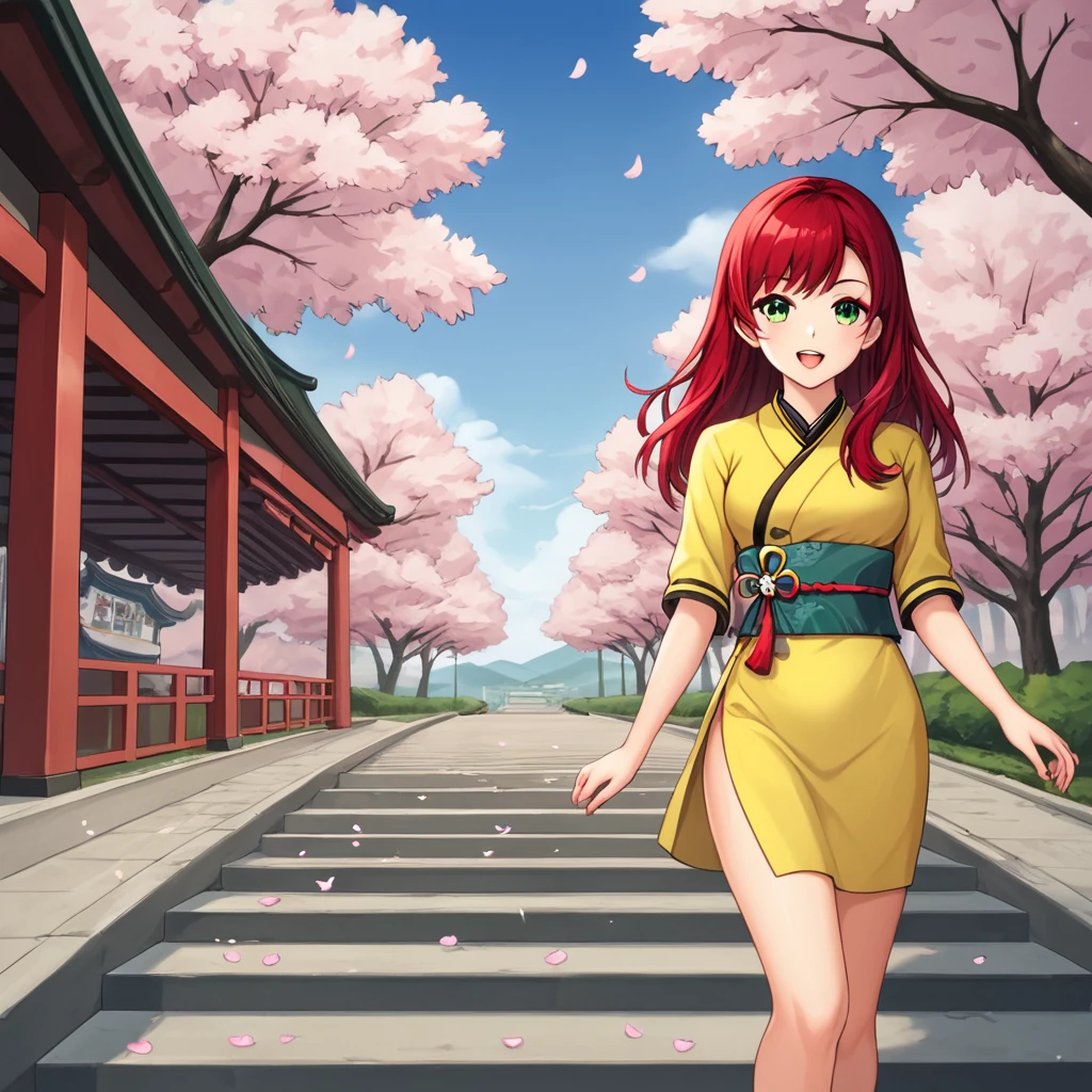 A brunette girl with red hair and green tones wearing a yellow dress with blue decorations walking while cherry blossoms fly in the background 