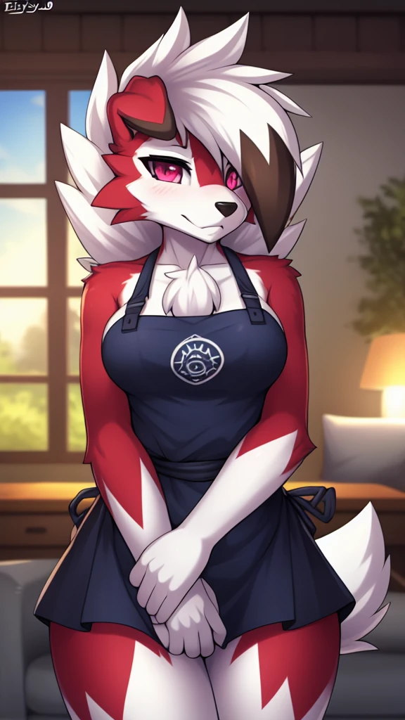 By zinfyu,by twistedscarlet60, uploaded on pixiv, by fluff-kevlar, (masterpiece), (best quality), (solo female:1.2), (extremely detailed:1.3),(detailed eye,black circle on eye,pink eye), lycanroc midnight, view on viewer, close view, shy face, half body on potrait, only body and head, close view, wearing kitchen apron,in living room, (tail:1.1), closeup photo of lycanroc