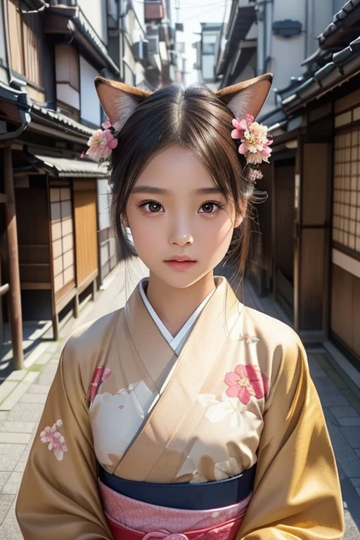 (Brown fox ears)、one girl, (a beauty girl, delicate girl:1.3), (12 years old, change:1.3),
break, (Long-sleeved kimono, Flower pattern kimono:1.3),(Brown fox ears)
break, Definition of very fine particles, (Symmetrical eyes:1.3),
break, (alley, Kyoto:1.3), perfectly trimmed fingers,
break, Small breasts, Brown eyes, Parted bangs, Brown Hair,  girl,
break, (Eye and facial details:1.0),
break, (masterpiece, Highest quality, Very detailed, Detailed face, 8k)