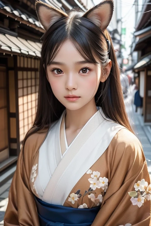 (Brown fox ears)、one girl, (a beauty girl, delicate girl:1.3), (12 years old, change:1.3),
break, (Long-sleeved kimono, Flower pattern kimono:1.3),(Brown fox ears)
break, Definition of very fine particles, (Symmetrical eyes:1.3),
break, (alley, Kyoto:1.3), perfectly trimmed fingers,
break, Small breasts, Brown eyes, Parted bangs, Brown Hair,  girl,
break, (Eye and facial details:1.0),
break, (masterpiece, Highest quality, Very detailed, Detailed face, 8k)