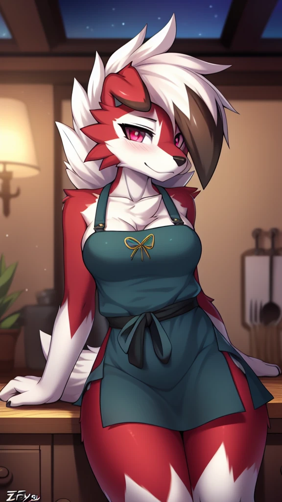 By zinfyu,by twistedscarlet60, uploaded on pixiv, by fluff-kevlar, (masterpiece), (best quality), (solo female:1.2), (extremely detailed:1.3),(detailed eye,black circle on eye,pink eye), lycanroc midnight, view on viewer, close view, , shy face, half body on potrait, only body and head, close view, wearing kitchen apron,in living room, (tail:1.1), closeup photo of lycanroc