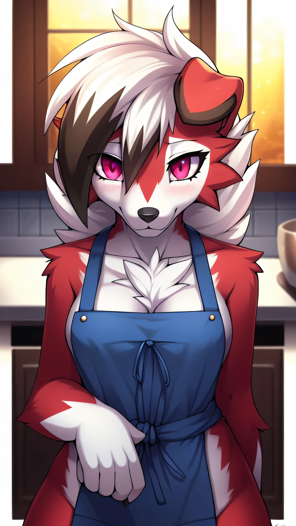 By zinfyu,by twistedscarlet60, uploaded on pixiv, by fluff-kevlar, (masterpiece), (best quality), (solo female:1.2), (extremely detailed:1.3),(detailed eye,black circle on eye,pink eye), lycanroc midnight, view on viewer, close view, shy face, half body on potrait, only body and head, close view, wearing kitchen apron,in living room, (tail:1.1), closeup photo of lycanroc