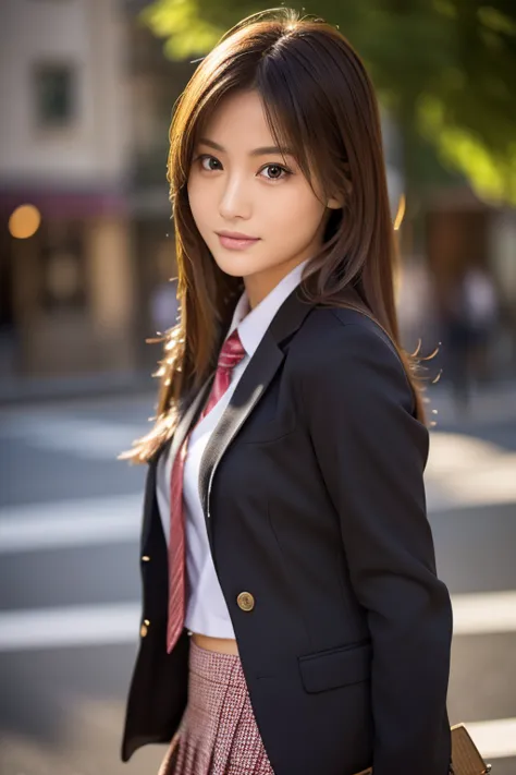 girl commuting to school:1.5, blazer uniform and skirt:1.5, dynamic, cinematic photos,(ultra realistic, high resolution), (highl...