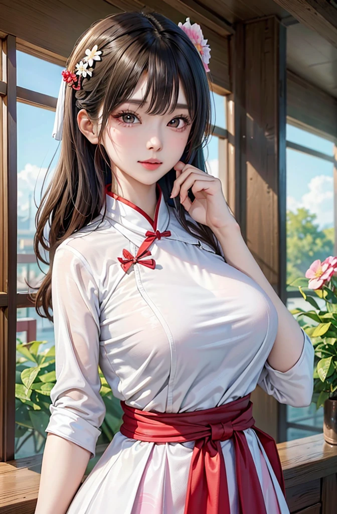 There is a cartoon girl in a dress, China dress, Hanbok apron, Chinese Costume, Chinese traditional clothing, Close-up - view, Hanbok, wearing ancient Chinese Costume, with ancient Chinese Costume, palace, Girl in Han Dress, White Hanfu, China dress, Kitten with pink flowers, Shadow Room, Light Edge, Two-tone lighting, (Skin with attention to detail: 1.2), 8k uhd, Digital SLR, Soft Light, high quality, Volumetric lighting, Sneak a peek, photograph, High resolution, 4K, 8k, Background blur  