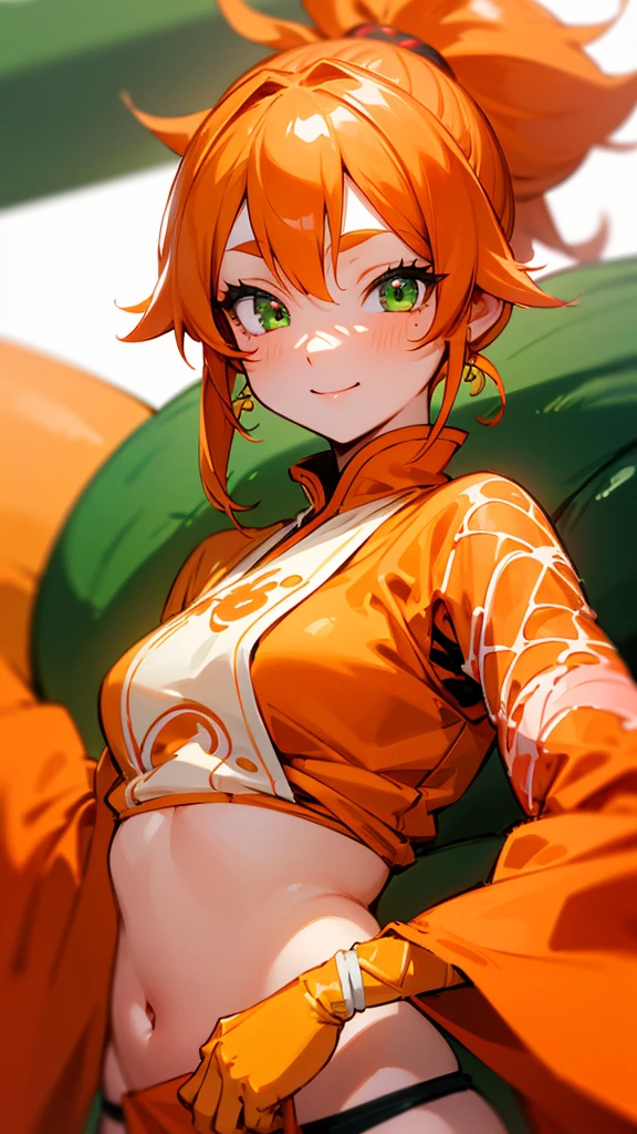 1 girl、8k、Sharp focus、(Bokeh) (Highest quality) (Detailed skin:1.3) (Intricate details) (anime)、Orange clothes、Orange Hair、ponytail、Beautiful green eyes、Wicked Smile、Loincloth、Shrimp mascot、Upper body close-up