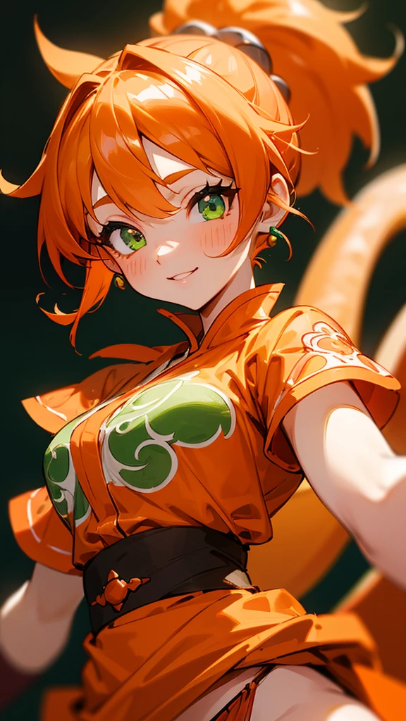 1 girl、8k、Sharp focus、(Bokeh) (Highest quality) (Detailed skin:1.3) (Intricate details) (anime)、Orange clothes、Orange Hair、ponytail、Beautiful green eyes、Wicked Smile、Loincloth、Shrimp mascot、Upper body close-up