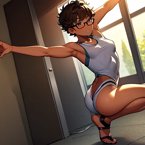 really embarrassed tomboy slim girl, with short gray curly  hair, brown skin and  glasses, in brown body paint  , full body, gym...