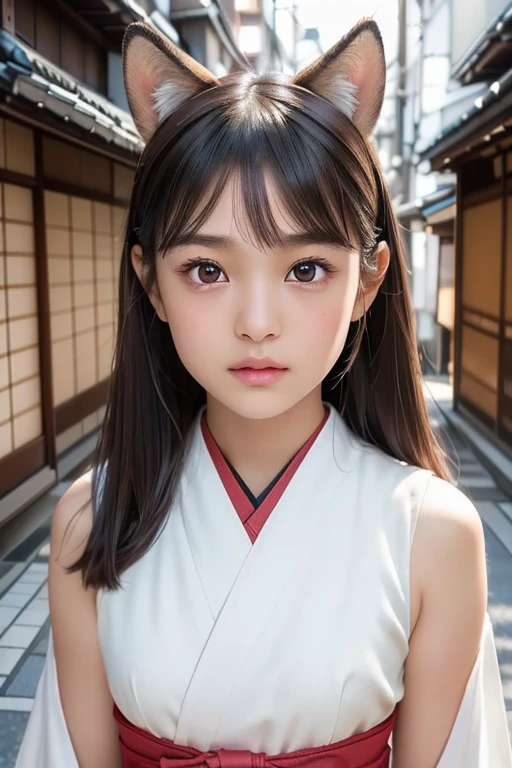 (Brown fox ears)、one girl, (a beauty girl, delicate girl:1.3), (12 years old, change:1.3),
break, (Shrine maiden&#39;s costume:1.3),(Brown fox ears)
break, Definition of very fine particles, (Symmetrical eyes:1.3),
break, (alley, Kyoto:1.3), perfectly trimmed fingers,
break, Small breasts, Brown eyes, Parted bangs, Brown Hair,  girl,
break, (Eye and facial details:1.0),
break, (masterpiece, Highest quality, Very detailed, Detailed face, 8k)