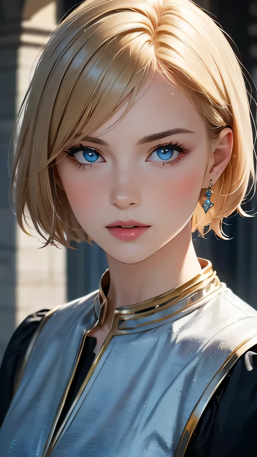 (highest quality,4k,8K,High resolution,masterpiece:1.2),Super detailed,realistic:1.37,portrait,blonde,blue eyes,white skin,medieval clothing,detailed facial features,beautiful lips,gorgeous eyes,A wonderful expression,retro style,soft lighting,Bright colors,short hair,break,