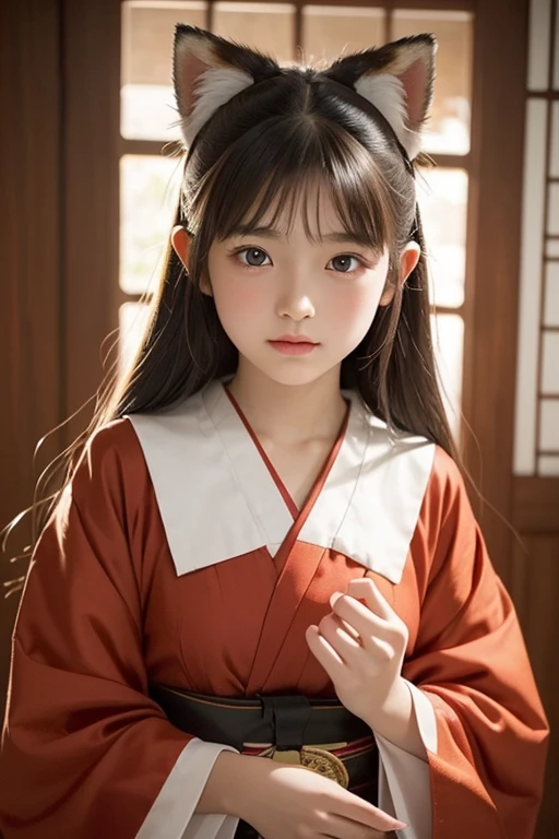 Small fox ears、one girl, (a beauty girl, delicate girl:1.3), (12 years old, change:1.3), break,((Shrine maiden&#39;s costume)),(Brown fox ears) break, Definition of very fine particles, (Symmetrical eyes:1.3), break, (alley, Kyoto:1.3), perfectly trimmed fingers, break, Small breasts, Brown eyes, Parted bangs, Brown Hair, girl, break, (Eye and facial details:1.0), break, (masterpiece, Highest quality, Very detailed, Detailed face, 8k)