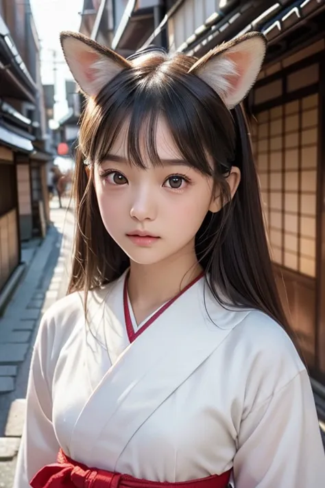 Small fox ears、one girl, (a beauty girl, delicate girl:1.3), (12 years old, change:1.3), break,((Shrine Maiden Costume)),(Brown ...