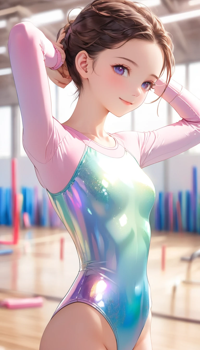 highquality illustration, masterpiece, very delicate and beautiful, attractive girl,(gymnastics leotard,long sleeve leotard with glittery decoration,high_leg leotard,athletic leotard,tight-fit leotard,iridescent gradient leotard,long-sleeve leotard),thin,slender body,slim,high school,gymnasium background,gymnastics club,gymnastics athlete,princess, beautiful eyes,light smile,(masterpiece, best quality:1.2), highres, extremely detailed CG unity 8k wallpaper, perfect lighting, Colourful, ultra-high res,4K,ultra-detailed, photography, 8K, HDR, s,cowboy shot,