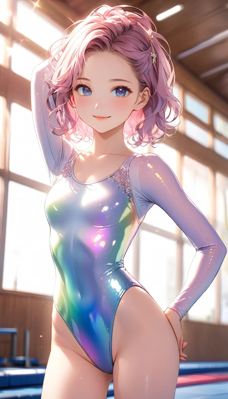 highquality illustration, masterpiece, very delicate and beautiful, attractive girl,(gymnastics leotard,long sleeve leotard with glittery decoration,high_leg leotard,athletic leotard,tight-fit leotard,iridescent gradient leotard,long-sleeve leotard),thin,slender body,slim,high school,gymnasium background,gymnastics club,gymnastics athlete,princess, beautiful eyes,light smile,(masterpiece, best quality:1.2), highres, extremely detailed CG unity 8k wallpaper, perfect lighting, Colourful, ultra-high res,4K,ultra-detailed, photography, 8K, HDR, 17 ages,cowboy shot,